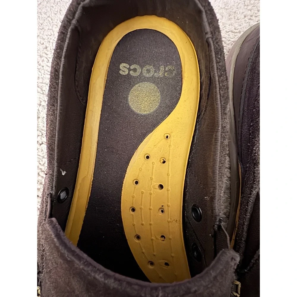 Crocs Mens Suede Slip On Loafers Dark Brown Yellow Casual Comfort Shoes